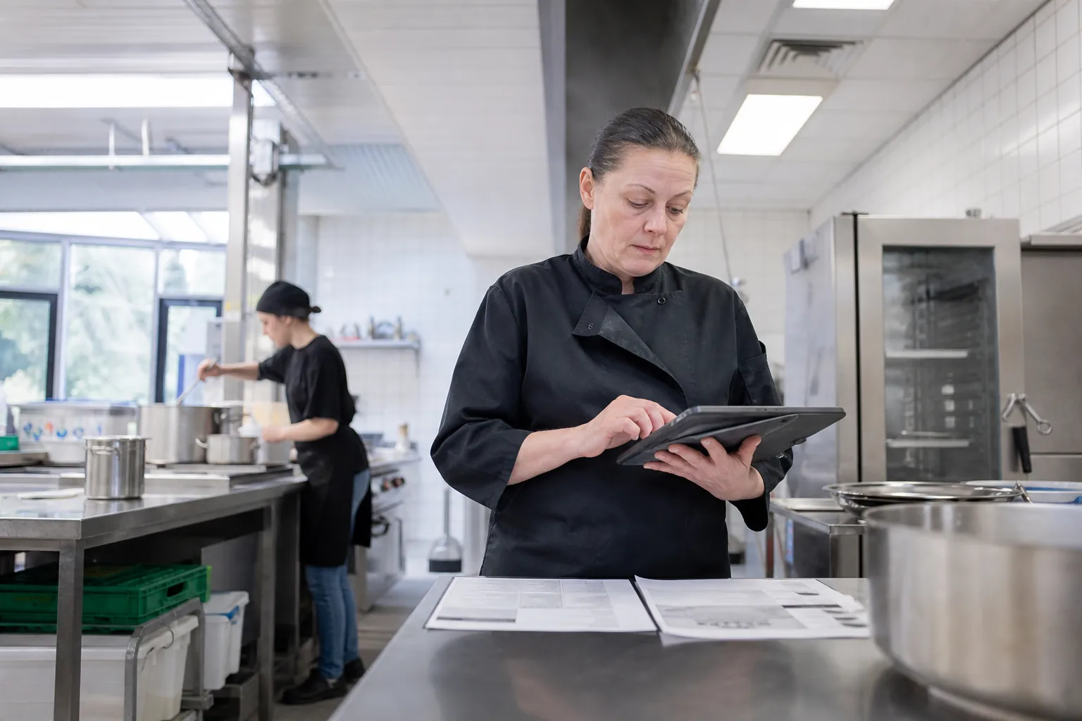 Eine Küchenleitung vergleicht Rezepturangaben auf einem Tablet mit einem Wochenplan