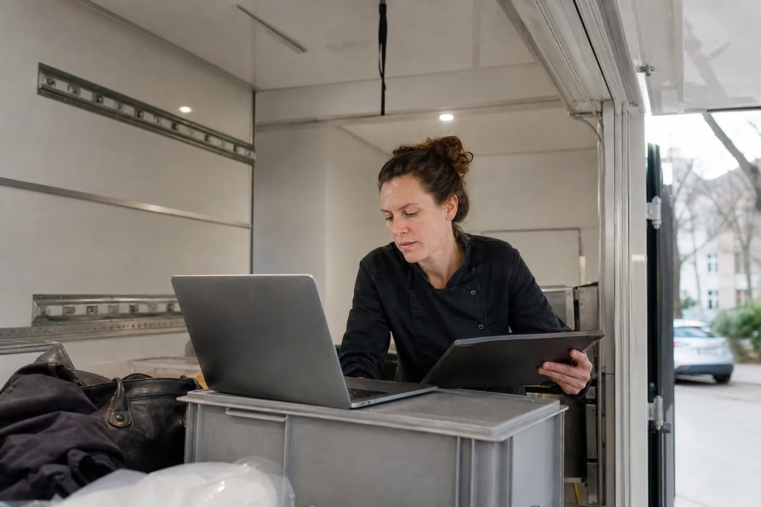 Eine Küchenleiterin vergleicht Tabelle und digitalen Wochenplan auf Laptop und Tablet